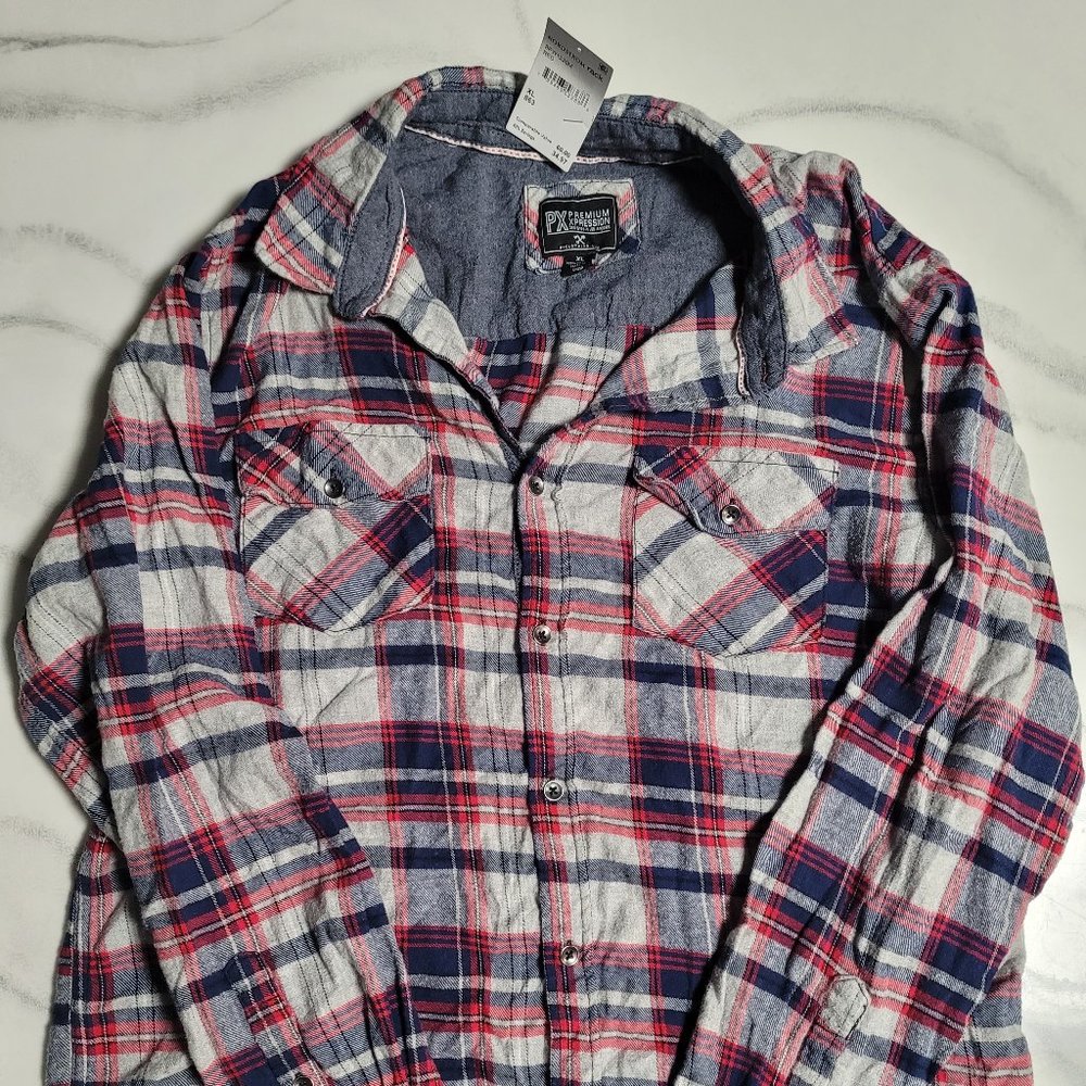 PX Premium Expression Men's Size XL Red Blue and White Plaid Flannel Shirt NWT